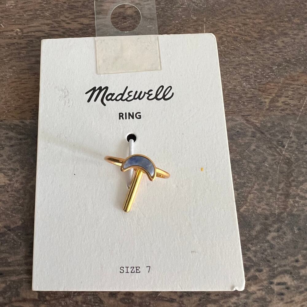 New Madewell Gold Tone Blue Gray Moon Crescent Ring - Size 7